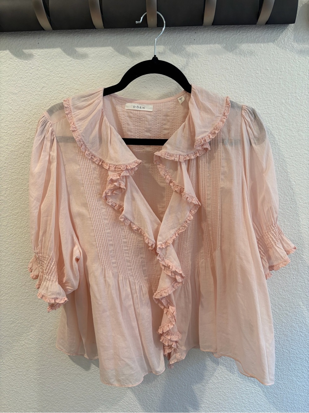 Doen Henri Blush Pink Ruffle-Front Cotton Blouse